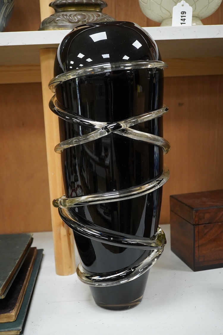 A large trailed art glass vase, 46cm high